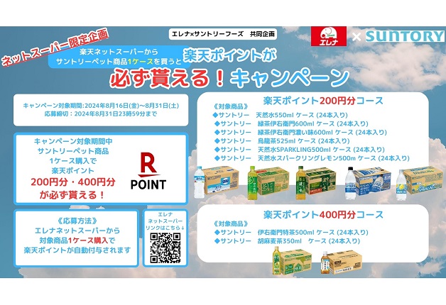 （終了しました）【エレナ×サントリー】サントリーのペットボトル商品1ケース購入で「楽天ポイントが必ず貰える！キャンペーン」実施中！