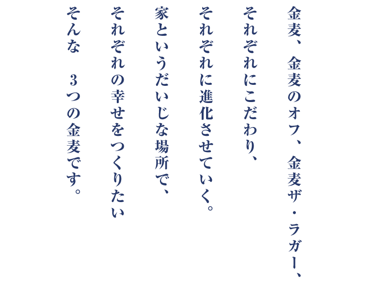 金麦、金麦のオフ、金麦ザ・ラガー、それぞれにこだわり、それぞれに進化させていく。家というだいじな場所で、それぞれの幸せをつくりたいそんな　3つの金麦です。