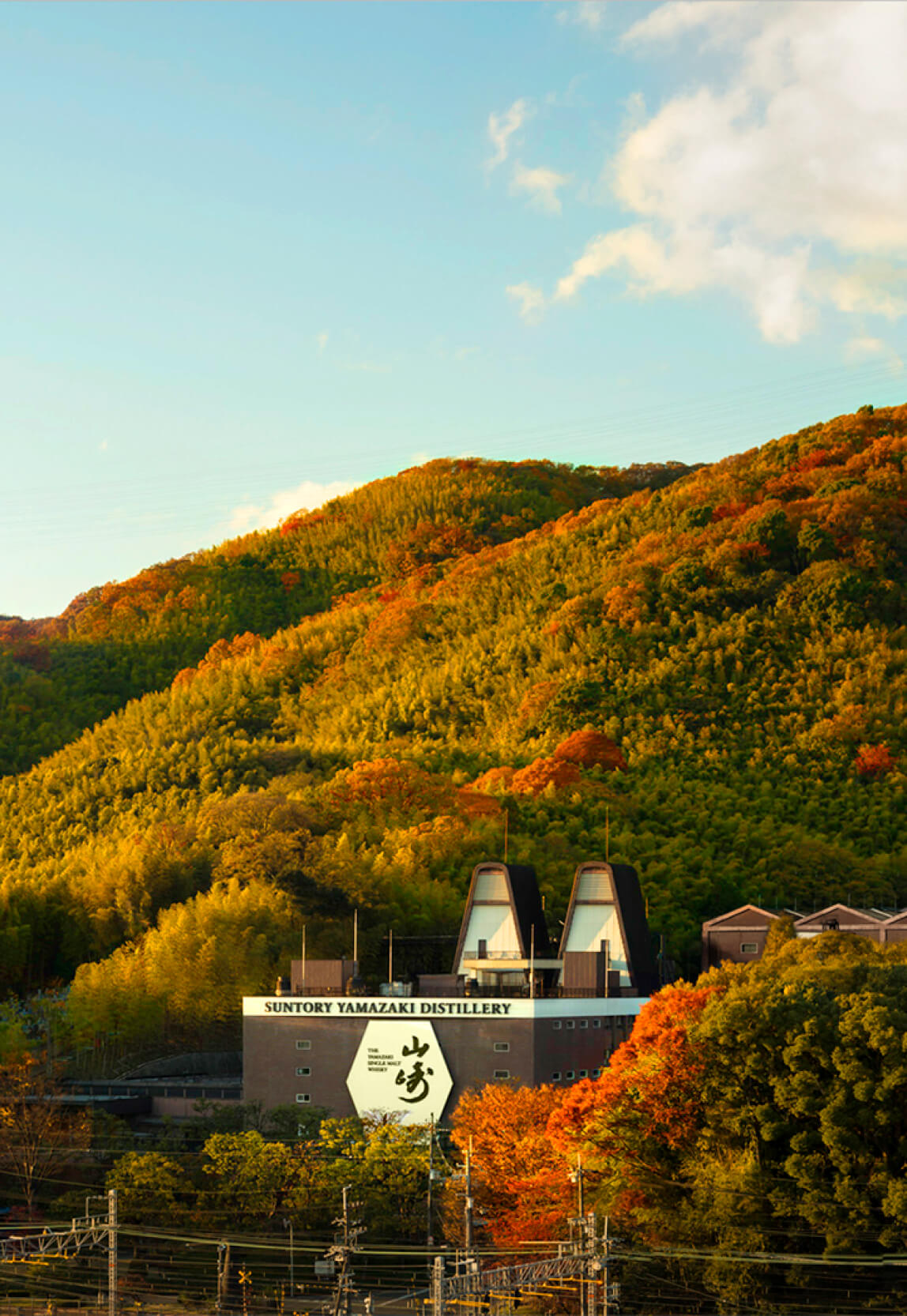 サントリー山崎蒸溜所の外観と丘の中腹の紅葉の写真。