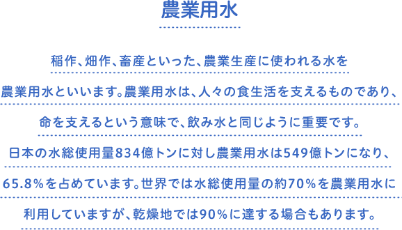 農業用水　稲作、畑作、畜産といった、農業生産に使われる水を農業用水といいます。農業用水は、人々の食生活を支えるものであり、命を支えるという意味で、飲み水と同じように重要です。日本の水総使用量834億トンに対し農業用水は549億トンになり、65.8％を占めています。世界では水総使用量の約70％を農業用水に利用していますが、乾燥地では90％に達する場合もあります。