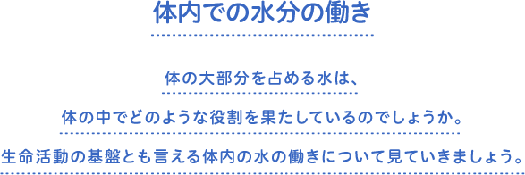 体内での水分の働き　体の大部分を占める水は、体の中でどのような役割を果たしているのでしょうか。生命活動の基盤とも言える体内の水の働きについて見ていきましょう。