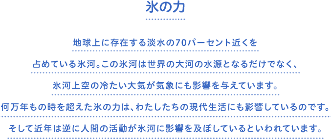 氷の力　地球上に存在する淡水の70パーセント近くを占めている氷河。この氷河は世界の大河の水源となるだけでなく、氷河上空の冷たい大気が気象にも影響を与えています。何万年もの時を超えた氷の力は、わたしたちの現代生活にも影響しているのです。そして近年は逆に人間の活動が氷河に影響を及ぼしているといわれています。