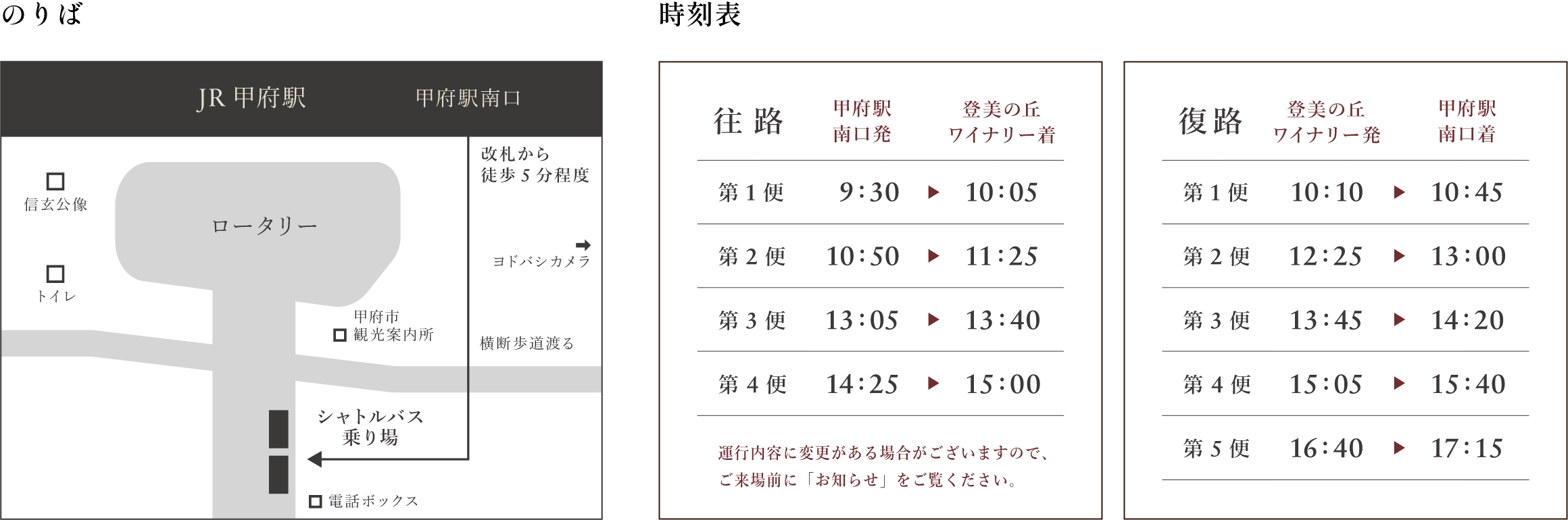 無料シャトルバス乗り場と時刻表