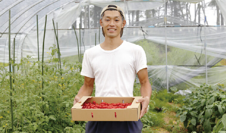 収穫したトマトを手に持っている菅原さんの画像