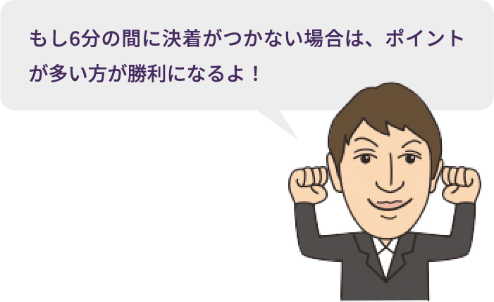 もし6分の間に決着がつかない場合は、ポイントが多い方が勝利になるよ！