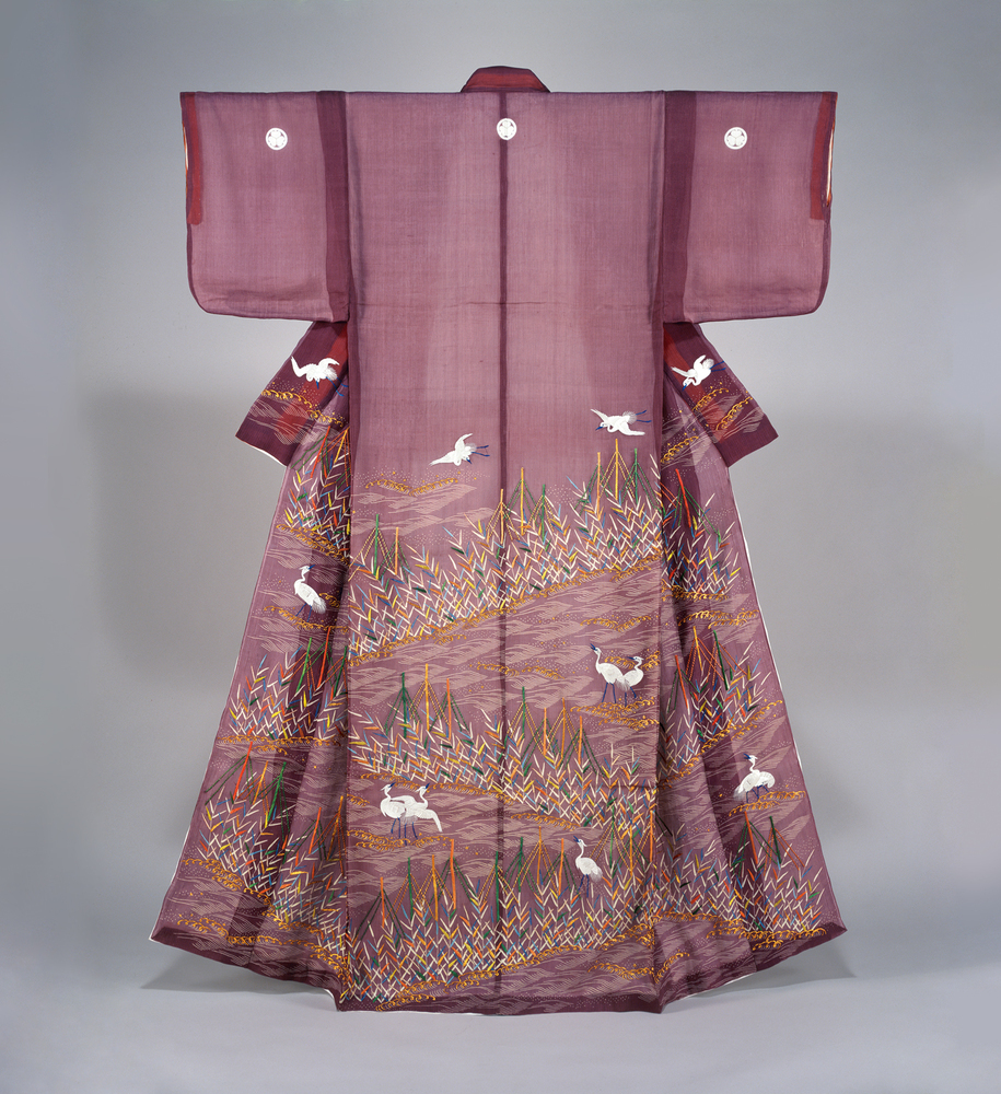 紫絹縮地葦に鷺模様単衣 染織 名品ギャラリー サントリー美術館