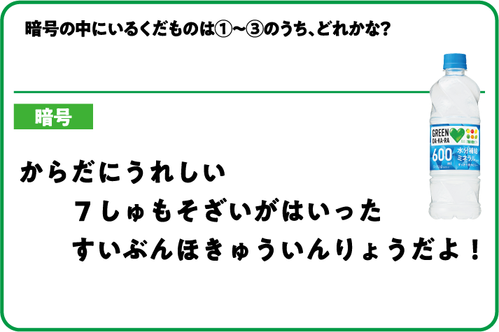 暗号の中にいるくだものは①～③のうち、どれかな？