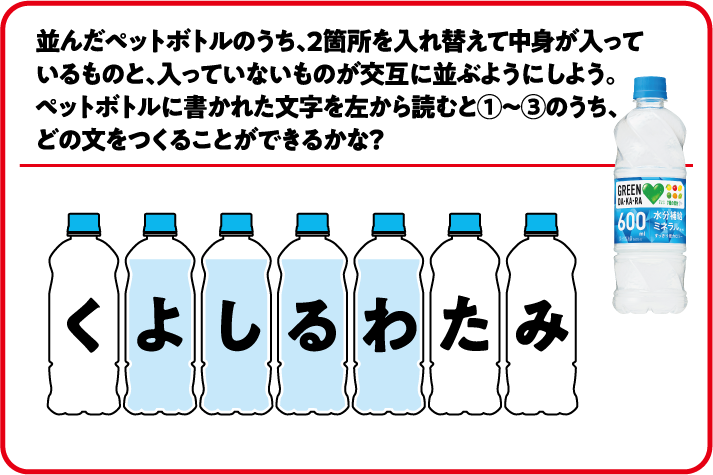 暗号の中にいるくだものは①～③のうち、どれかな？