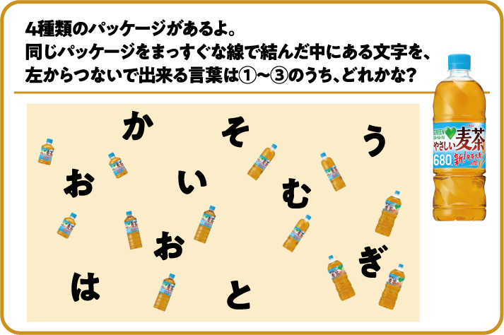 ４種類のパッケージがあるよ。同じサイズをまっすぐな線で結んだ中にある文字を、左からつないで出来る言葉は①～③のうち、どれかな？