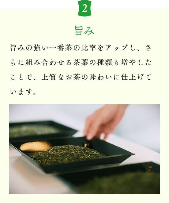 2 旨み 旨みの強い一番茶の比率をアップし、さらに組み合わせる茶葉の種類も増やしたことで、上質なお茶の味わいに仕上げています。