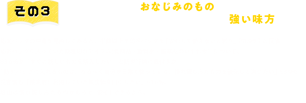 その3　防災バッグにこそおなじみのものを！非常時に心身ともに安心を与えてくれる強い味方に。防災バッグの中身を見直してみると、半数以上が防災バッグを「安心して使えないと思う」（51.9％）と反省。防災バッグに入っていた期限切れアイテム(食料品・飲料水・医薬品のいずれか）について、83.6％が「すぐに新しいものを購入したい」と防災行動に気付きが。「防災バッグに入れるものは、なるべく自分が日常で使っている、慣れ親しんだものを優先して選びたい」53.9%。災害後も「被災前に利用していた飲食物を口にしたい」61.6％。理由は慣れ親しんだものがあると「安心」できるから。