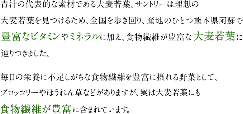 青汁の代表的な素材である大麦若葉。サントリーは理想の大麦若葉を見つけるため、全国を歩き回り、産地のひとつ熊本県阿蘇で豊富なビタミンやミネラルに加え、食物繊維が豊富な大麦若葉に辿りつきました。毎日の栄養に不足しがちな食物繊維を豊富に摂れる野菜として、ブロッコリーやほうれん草などがありますが、実は大麦若葉にも食物繊維が豊富に含まれています。