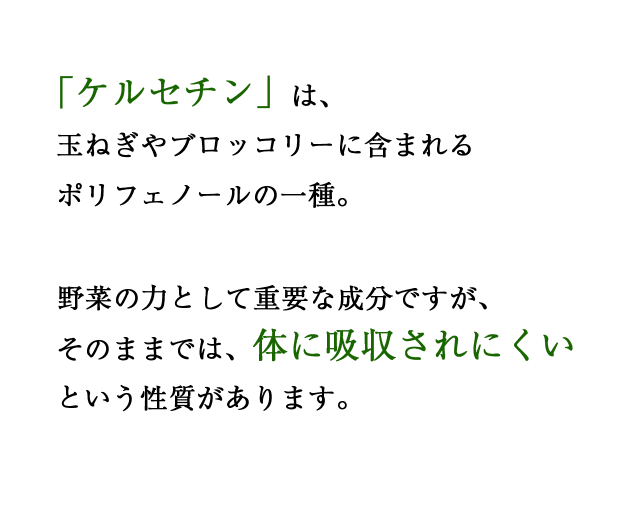 「ケルセチン」は、玉ねぎやブロッコリーに含まれるポリフェノールの一種。野菜の力として重要な成分ですが、そのままでは、体に吸収されにくいという性質があります。