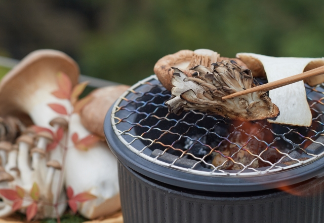 香り高い舞茸や椎茸、歯ざわりのよいエリンギやかきの木茸など、さまざまな味わいや食感を食べ比べるのも愉しいですね。七輪にくべた炭のはぜる音や、芳ばしく漂う香りを愉しみながら、悠々と味わう「知多　風香るハイボール」。実際に風を感じながら味わう一杯は、ささやかながらも、思い出深いものとなりそうです。